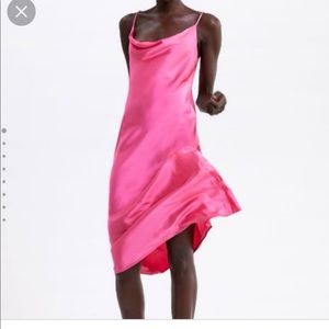 Worn Once- Zara Satin Midi Dress- Hot Pink- Size M